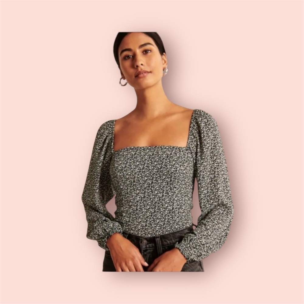 Abercrombie & Fitch Black Floral Square Neck Blouse